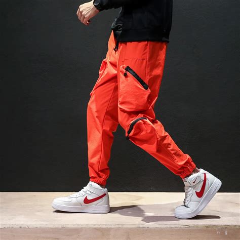 Hip Hop Orange Cargo Pants Men Fashion Sweatpants Pockets Casual