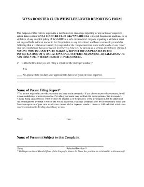 Fillable Online Wvsa Booster Club Whistleblower Reporting Form Fax