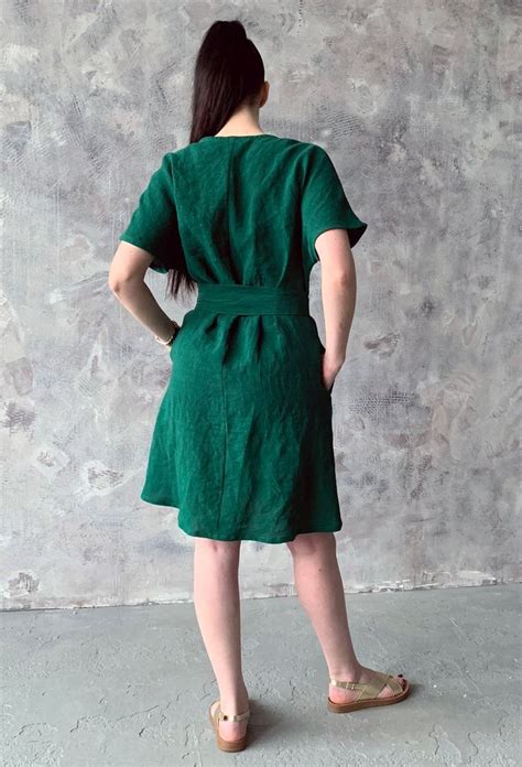 Linen Loose Kimono Wrap Summer Dress With Pockets Emerald Etsy Linen