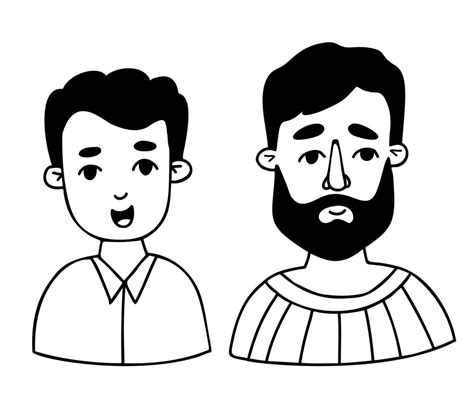 Happy Male Faces Portraits Of Father And Son Vector Hand Drawings In