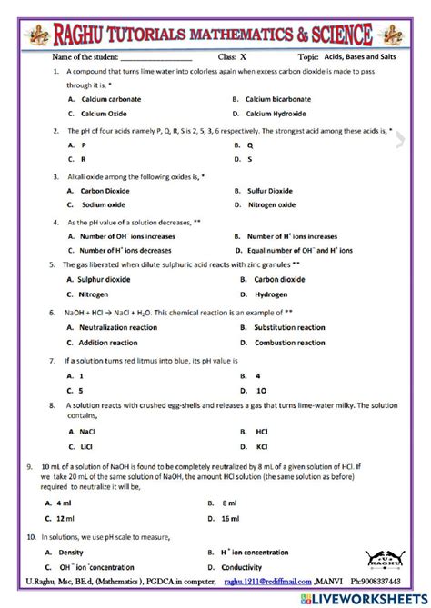 Acids Bases And Salts 7th Grade Science Worksheets Answer Key