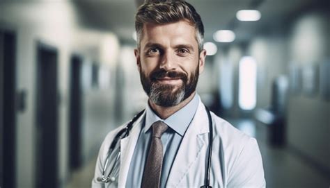 Premium Ai Image A Man In A White Coat With A Beard Stands In A Hallway