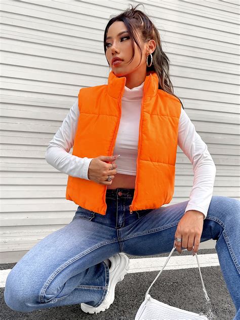 Shein Coolane Abrigo Acolchado Chaleco Neón Naranja Con Cremallera