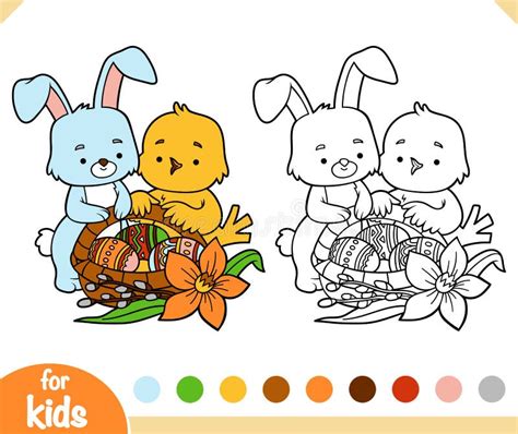 Coloring Book Easter Illustration Bird And Rabbit And Basket With