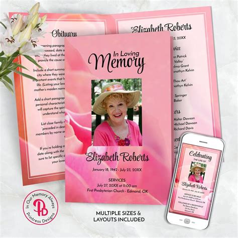 Coral Pink Rose Funeral Program Obituary Template Celebration Of Life Program Memorial