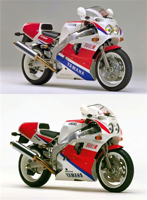 two different views of a red, white and blue motorcycle