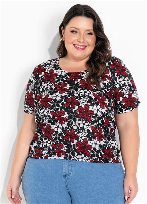 Blusa Floral Preto Franzidos Plus Size Marguerite