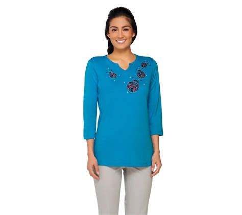 Quacker Factory Summer Beaded Splitneck 3 4 Sleeve T Shirt