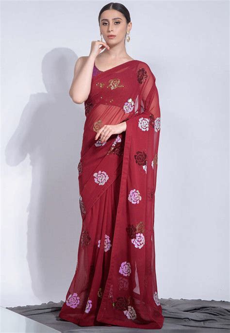 Buy Embroidered Georgette Saree In Maroon Online SKGA1657 Utsav Fashion