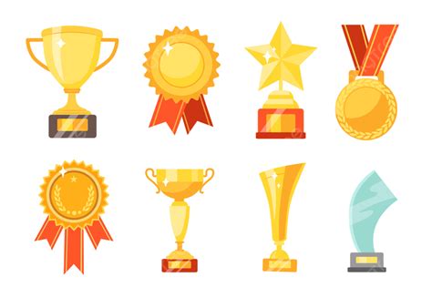 Gold Cups And Awards Flat Vector Illustrations Set Winners Goal