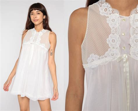 White Nightgown Lingerie Filmy Slip Dress 70s Babydoll Pinup Etsy