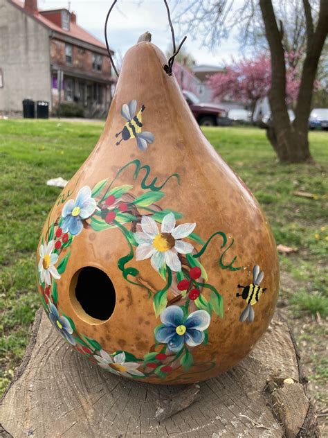 Natural Birdhouse Gourd Handpainted With Flowers And Bees Etsy