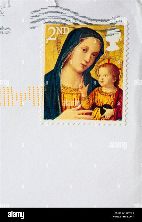 2nd Class Christmas Stamp With Madonna And Child Stuck On Envelope