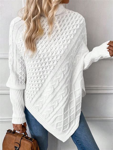 SHEIN Essnce Turtleneck Batwing Sleeve Asymmetrical Hem Cable Knit