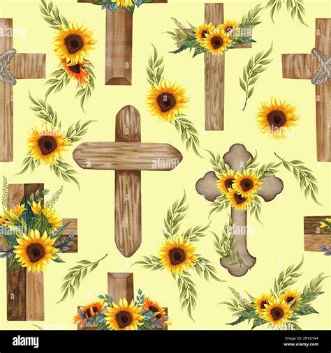 Watercolor Flower Cross Wood Cross Baptism Floral Seamless Patteern