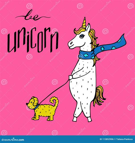 Unicorno Ragazza Disegnata A Mano Adorabile In Una Sciarpa Che Cammina