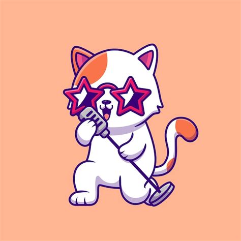 Premium Vector | Cute Cat Singing With Microphone Cartoon