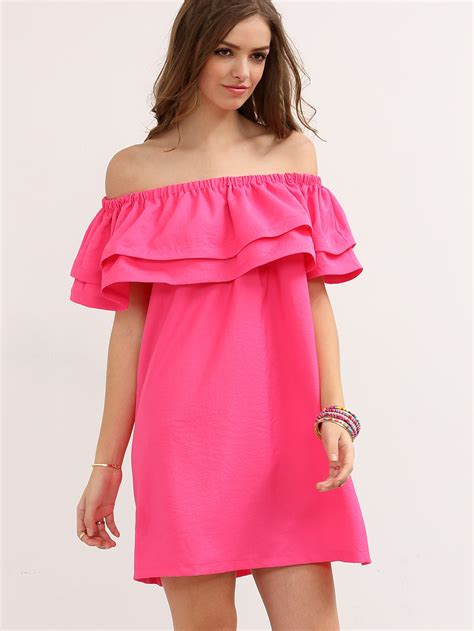 Hot Pink Off The Shoulder Ruffle Shift Dress Shein Sheinside