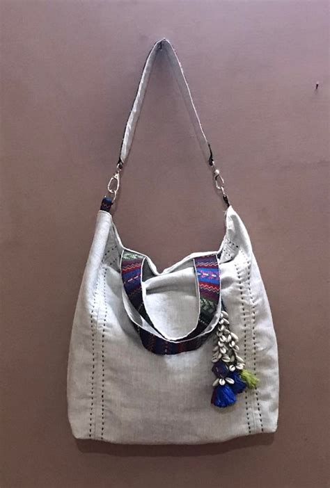 Big Linen Hobo Bag With Multicolor Details Kritenya Handwoven