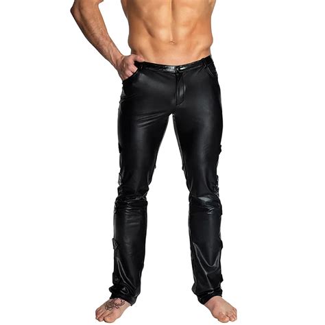 Men Black Pvc Faux Leather Pants Club Wear Stage Skinny Pants Gay