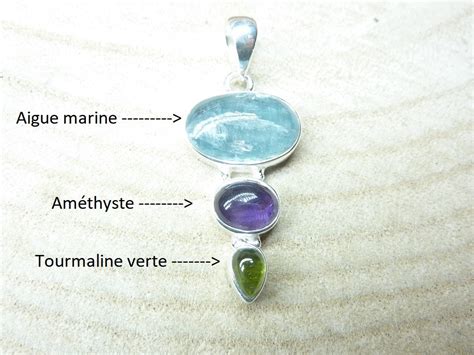 Pendentif Aigue Marine Tourmaline Verte Am Thyste Argent Ref