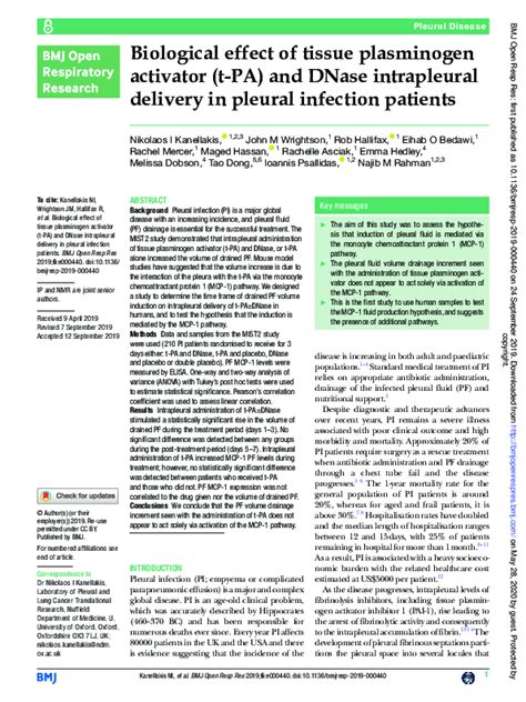 Pdf Biological Effect Of Tissue Plasminogen Activator T Pa And Dnase Intrapleural Delivery