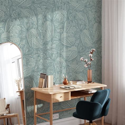 Mint Arka Planl Damask Line Art Duvar Ka D Zarif Pastel Duvar