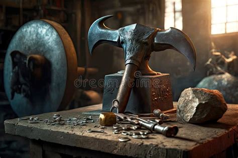 Antique Massive Metal Hammer Lies Next To Anvil In Forge Stock Photo