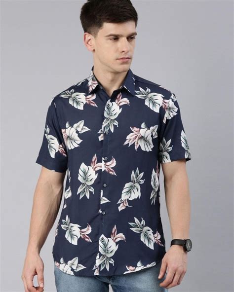 Buy Men S Blue Monster Leaf Floral Printed Slim Fit Shirt Online At