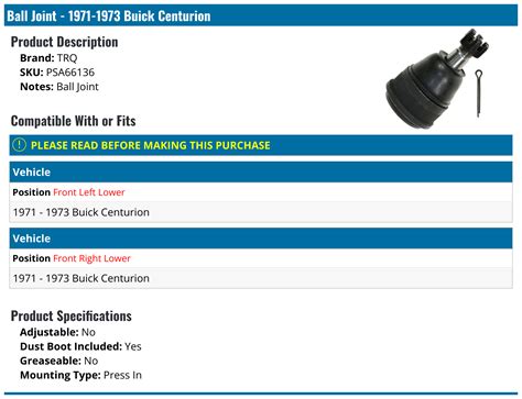 1971 1973 Buick Centurion Ball Joint Trq Psa66136 Front Right Lower