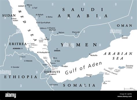 Zona del Golfo de Adén, mapa político gris. Golfo entre Yemen, Yibuti, el Canal de Guardafui ...