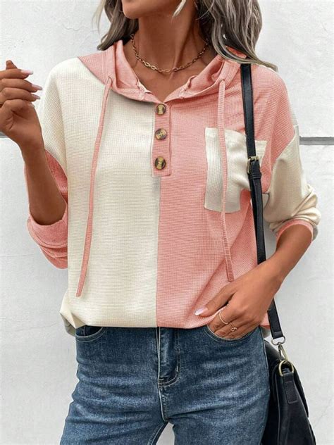 Loose Color Block Buckle Casual Hoodie Sweatshirt Roselinlin