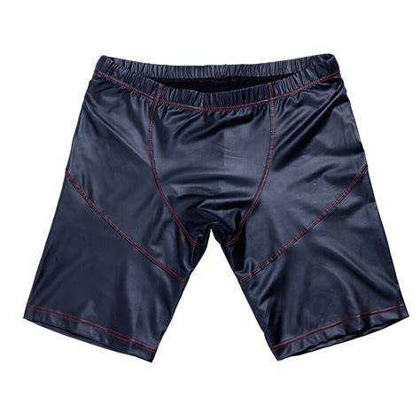 Mens Faux Leather Shorts Slim Fit Wet Look Boxer Trunks Zipper Crotch