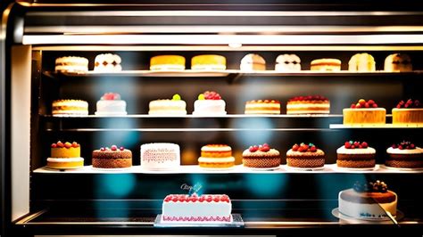 Premium Ai Image A Display Of Cakes In A Bakery With A Display Of