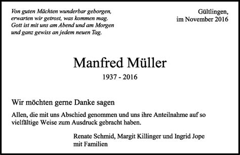 Traueranzeigen von Manfred Müller Schwarzwälder Bote Trauer