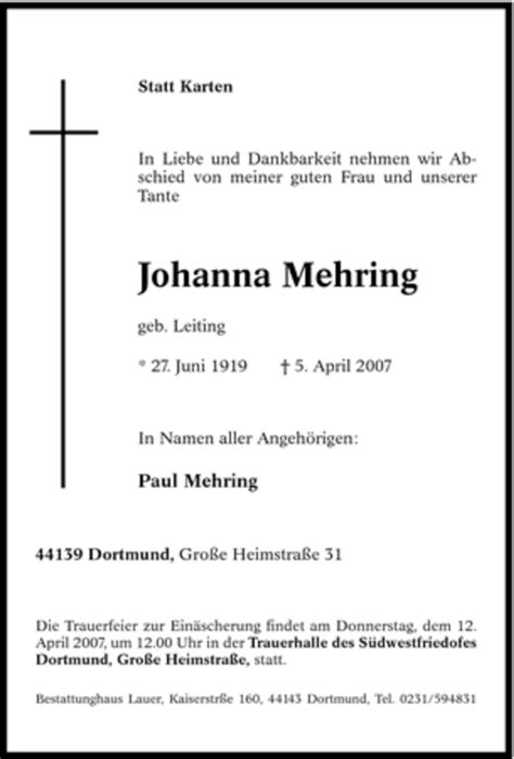 Traueranzeigen Von Johanna Mehring Trauer In NRW De