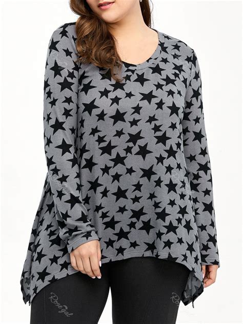 2018 Star Print Asymmetric Plus Size T Shirt In Gray 2xl