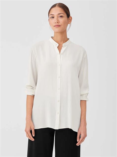 Eileen Fisher Silk Georgette Crepe Mandarin Collar Shirt In White Lyst