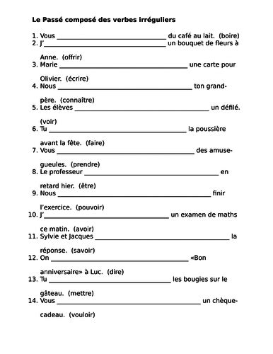 Passé Composé French Irregular Verbs Worksheet 13 Teaching Resources