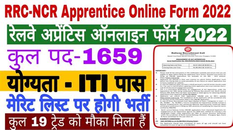 Rrc Ncr Apprentice Online Form Iti Pass Total Post