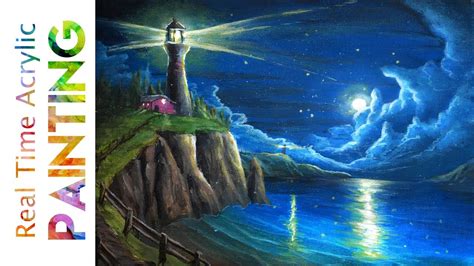 Painting A Lighthouse Overlooking A Moonlit Ocean Seascape With