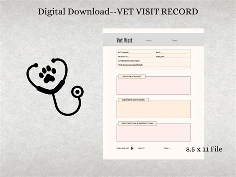 Pet Vet Visit Record Pet Medical Record Printable Pet Visit Record