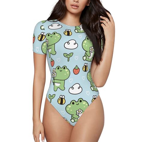 Easygdp Cute Floral Frog Womens One Piece Swimsuit Slim Fit Crew Neck