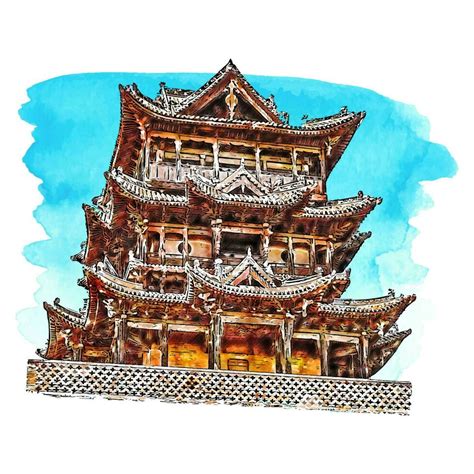 Architecture China Watercolor Hand Drawn Illustration Isolated On White