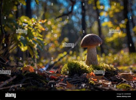 Cep Mushroom In Moss And Coniferous Forest Royal Porcini Food In