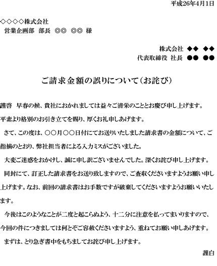 詫び状 謝罪文、請求金額誤り、請求書誤記のお詫び、社外文書 ビジネス文書クリップ