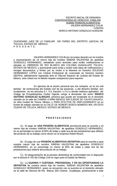 Demanda De Pension Alimenticia Formato De Escrito Inicial Modelo