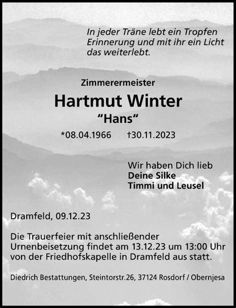 Traueranzeigen Von Hartmut Winter Trauer Anzeigen De