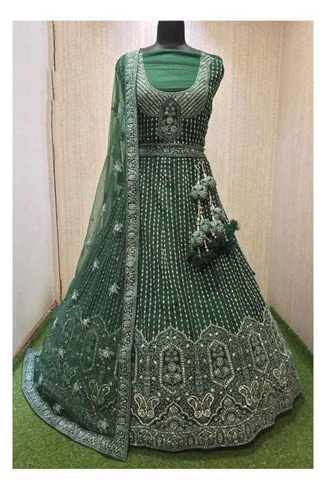 Bottle Green Net Handwork Bridal Lehenga Choli