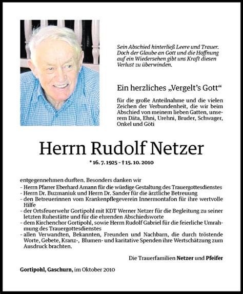 Todesanzeigen Von Rudolf Netzer Todesanzeigen Vorarlberger Nachrichten